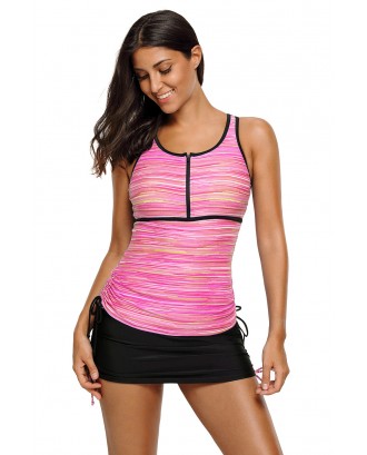 Pink Filtered Stripe Mesh Racherback Tankini Swimsuit