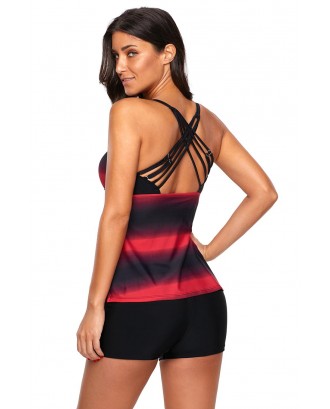 Rosy Strappy Hollow-out Back Tankini