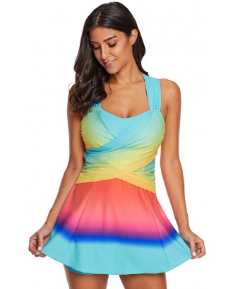 Turquoise Ombre Tie Dye Swim Dress with Shorts
