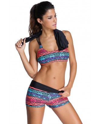 Multicolor Sports Bra Tankini Swimsuit with Black Vest
