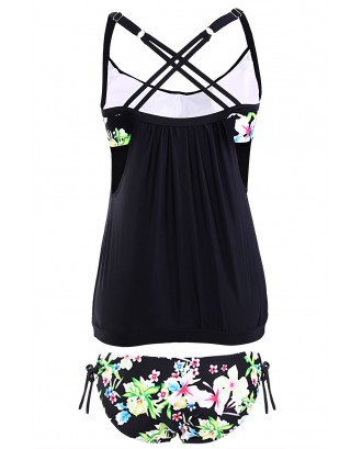 Black Layered-Style Floral Tankini with Triangular Briefs