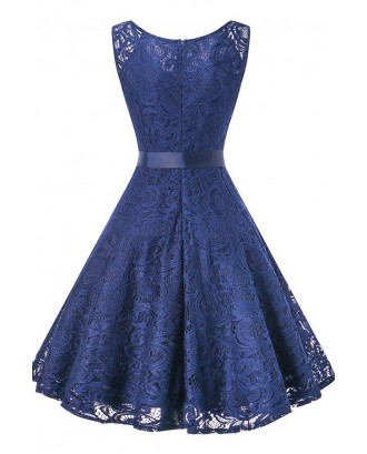 Dark-blue V Neck Zipper Back Sleeveless Lace Sheer Bow Sexy A Line Dress