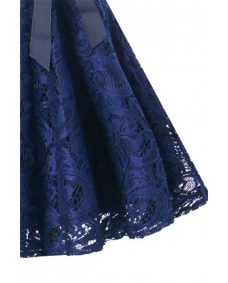 Dark-blue V Neck Zipper Back Sleeveless Lace Sheer Bow Sexy A Line Dress