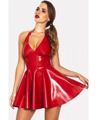 Dark-red Patent Leather Halter Plunging Sleeveless Sexy Skater Mini Dress