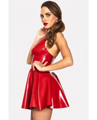 Dark-red Patent Leather Halter Plunging Sleeveless Sexy Skater Mini Dress
