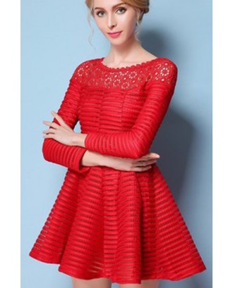 Red Crochet Lace Accent Long Sleeve Pleated Dress