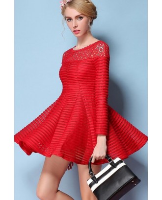 Red Crochet Lace Accent Long Sleeve Pleated Dress