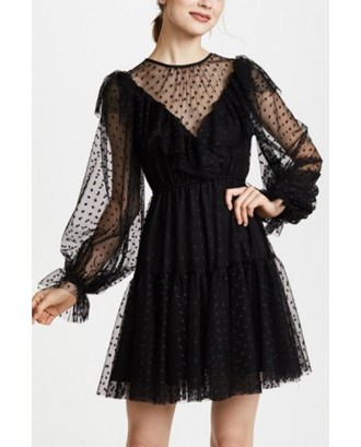 Black Sheer Mesh Polka Dot Puff Sleeve Chic A Line Dress