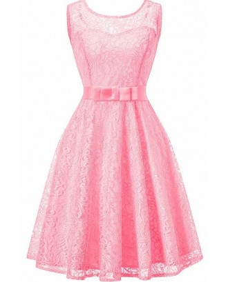 Pink Sleeveless Round Neck V Back Lace Sheer Bow Sexy A Line Dress