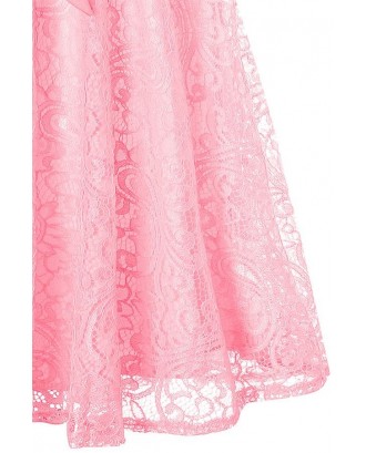 Pink Sleeveless Round Neck V Back Lace Sheer Bow Sexy A Line Dress