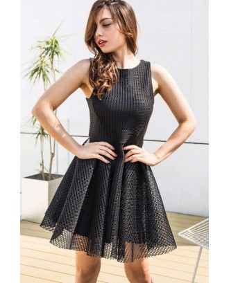 Black Hollow Out Pleated Sleeveless Sexy A Line Skater Dress