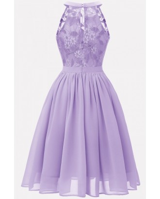 Light-purple Floral Lace Keyhole Back Sexy Fit & Flare Chiffon Dress