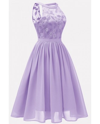Light-purple Floral Lace Keyhole Back Sexy Fit & Flare Chiffon Dress