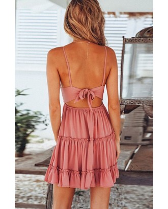 Pink Spaghetti Straps Crochet Cutout Pleated Knotted Sexy A Line Dress