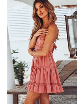Pink Spaghetti Straps Crochet Cutout Pleated Knotted Sexy A Line Dress