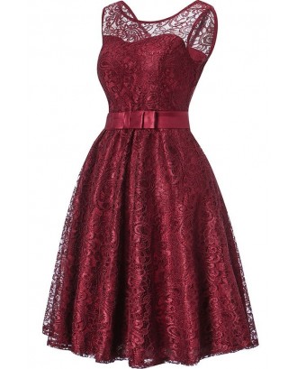 Dark-red Sleeveless Round Neck V Back Lace Sheer Bow Sexy A Line Dress