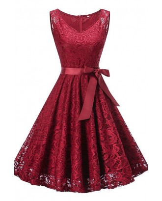 Dark-red V Neck Zipper Back Sleeveless Lace Sheer Bow Sexy A Line Dress