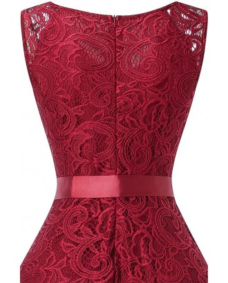 Dark-red V Neck Zipper Back Sleeveless Lace Sheer Bow Sexy A Line Dress