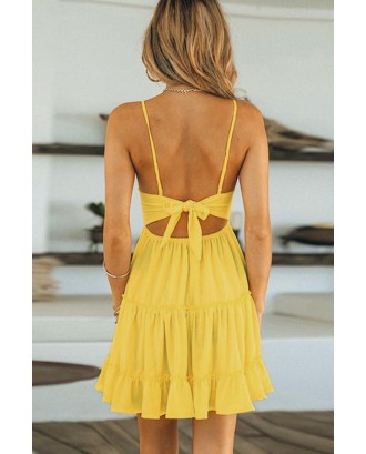 Yellow Spaghetti Straps Crochet Cutout Pleated Knotted Sexy A Line Dress