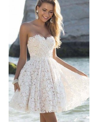 White Strapless Sweetheart Lace Sexy A Line Party Dress