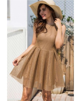 Coffee Hollow Out Pleated Sleeveless Sexy A Line Skater Dress