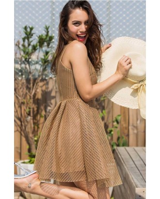 Coffee Hollow Out Pleated Sleeveless Sexy A Line Skater Dress