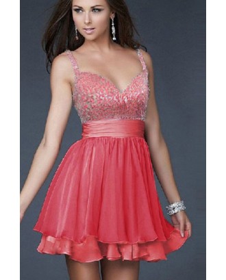 Plunging V Neck Sleeveless Sequin Pleated Party Dress