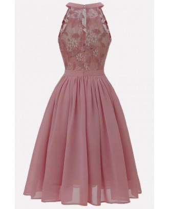 Pink Floral Lace Keyhole Back Sexy Fit & Flare Chiffon Dress