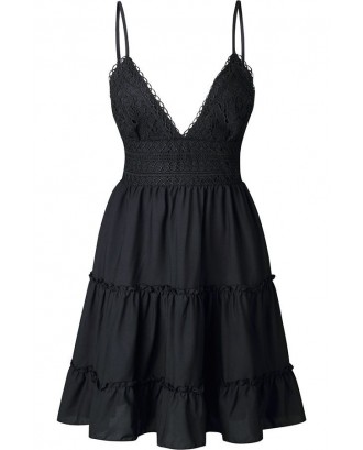Black Spaghetti Straps Crochet Cutout Pleated Knotted Sexy A Line Dress