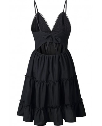 Black Spaghetti Straps Crochet Cutout Pleated Knotted Sexy A Line Dress
