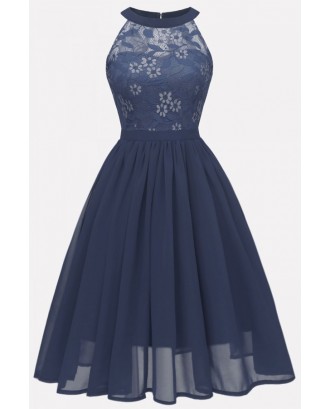 Dark-blue Floral Lace Keyhole Back Sexy Fit & Flare Chiffon Dress