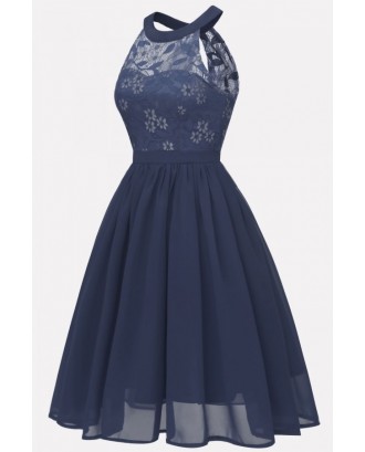 Dark-blue Floral Lace Keyhole Back Sexy Fit & Flare Chiffon Dress