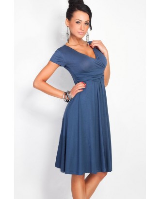 Solid Color V Neck Cap Sleeve Sexy Dress