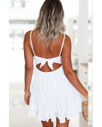 White Spaghetti Straps Crochet Cutout Pleated Knotted Sexy A Line Dress