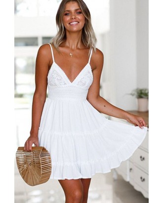 White Spaghetti Straps Crochet Cutout Pleated Knotted Sexy A Line Dress