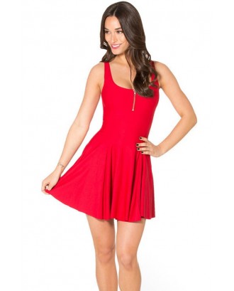 Red Zip Up Front Sleeveless Skater Dress