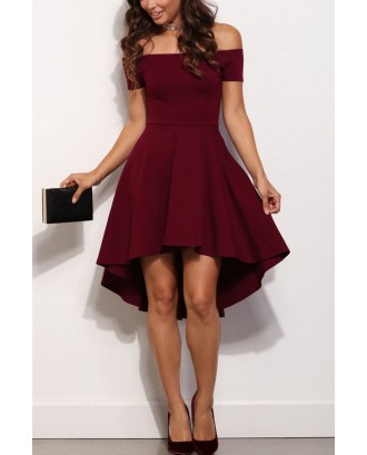 Dark Red Off Shoulder Sexy High Low Party Dress
