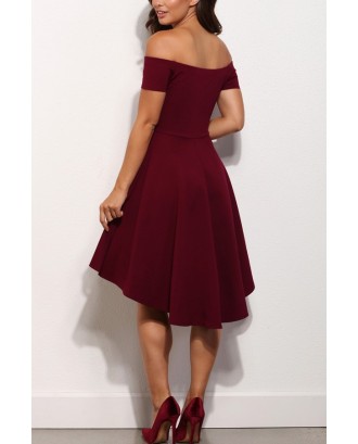 Dark Red Off Shoulder Sexy High Low Party Dress