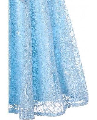 Light-blue Sleeveless Round Neck V Back Lace Sheer Bow Sexy A Line Dress