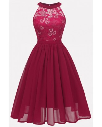 Dark-red Floral Lace Keyhole Back Sexy Fit & Flare Chiffon Dress