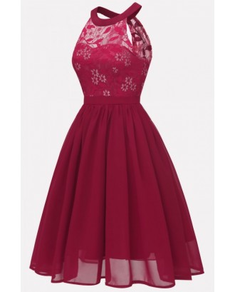 Dark-red Floral Lace Keyhole Back Sexy Fit & Flare Chiffon Dress
