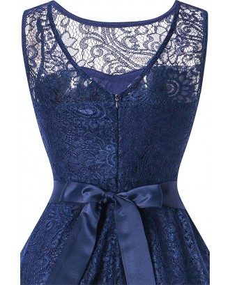 Dark-blue Sleeveless Round Neck V Back Lace Sheer Bow Sexy A Line Dress