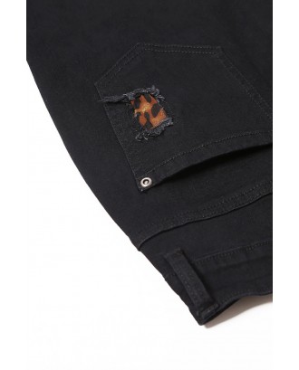 Leopard Patch Detail Black Distressed Jeans