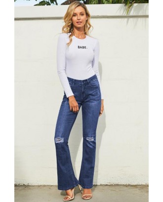 Ripped Knee Detail Blue Flared Jeans