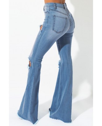 Sky Blue High Waisted Distressed Flare Jeans