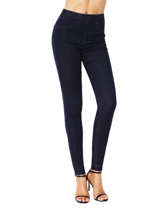 Navy Blue Elastic Waist Jeans Stretch Pants for Women