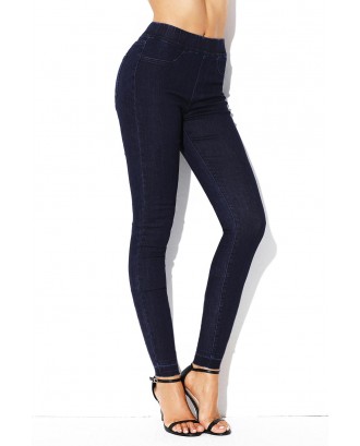 Navy Blue Elastic Waist Jeans Stretch Pants for Women