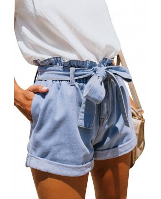 Light Blue Paper Bag Waist Denim Shorts