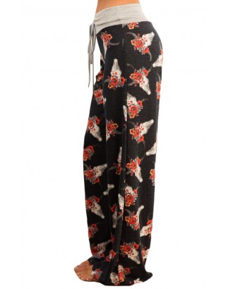 Charcoal Floral Terry Wide Leg Pants