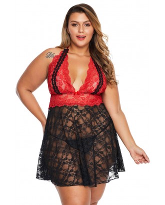Red Sexy Lace Backless Halter Plus Size Babydoll